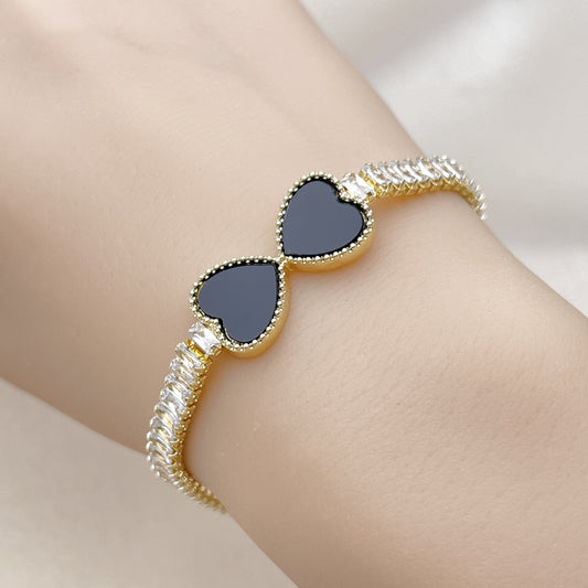 Oro Laminado Fancy Bracelet, Gold Filled Style Heart and Baguette Design, with Black Mother of Pearl and White Cubic Zirconia, Polished, Golden