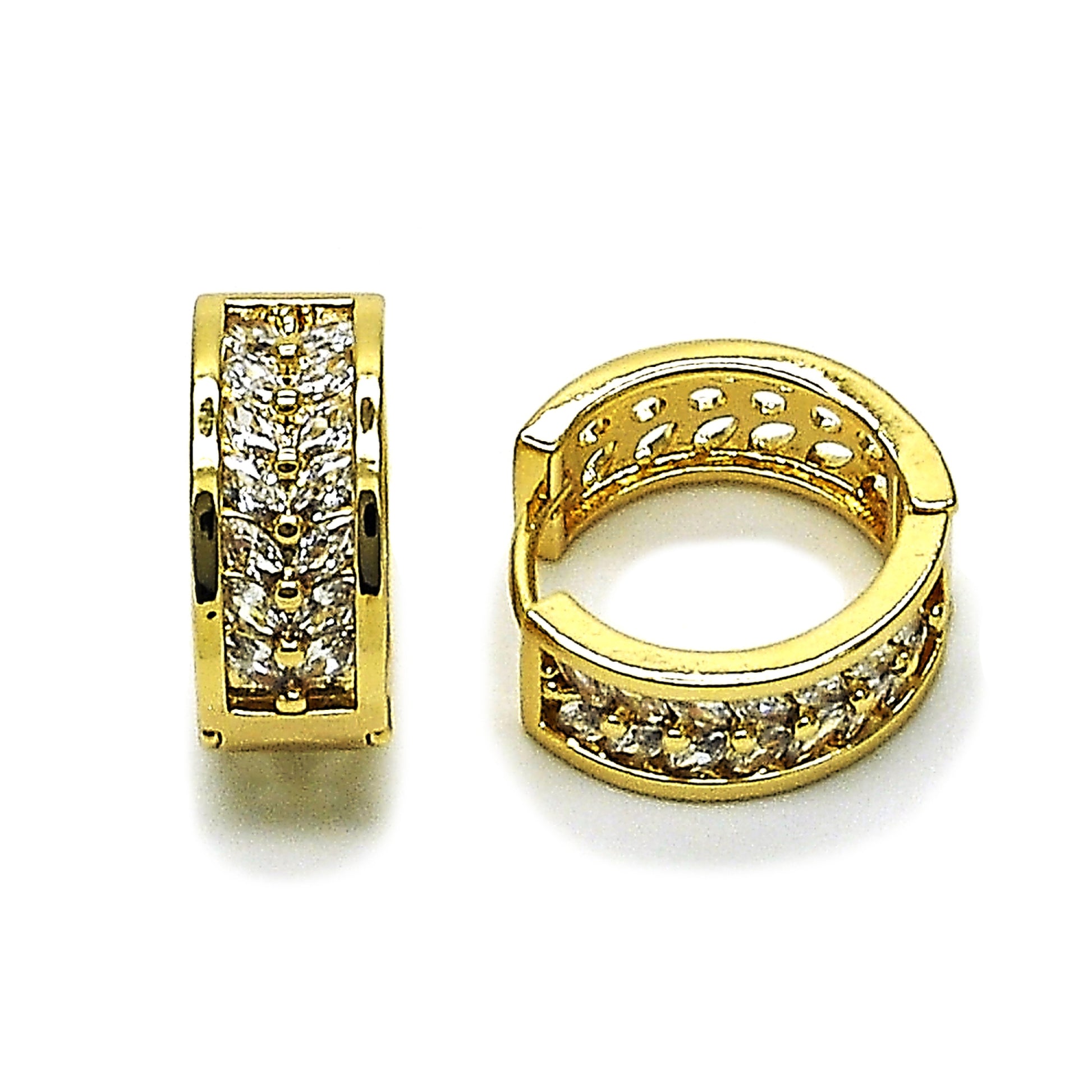 Gold Plated Gold Filled Oro Laminado Oro Laminado Huggie Hoop, Gold Filled Style Baguette Design, with White Cubic Zirconia, Polished, Golden 