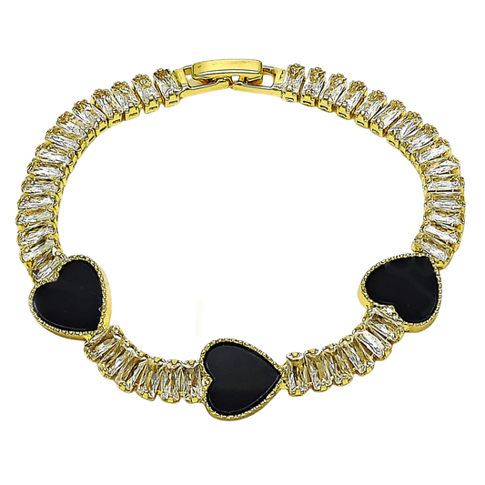 Oro Laminado Fancy Bracelet, Gold Filled Style Heart and Baguette Design, with Black Mother of Pearl and White Cubic Zirconia, Polished, Golden Finish