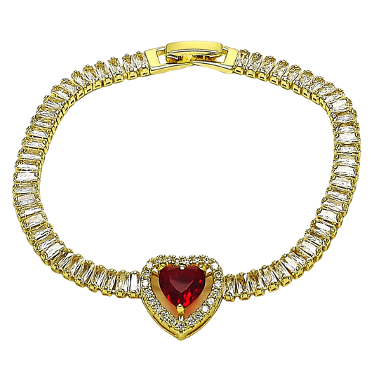 Oro Laminado Fancy Bracelet, Gold Filled Style Heart and Baguette Design, with Garnet and White Cubic Zirconia, Polished, Golden Finish