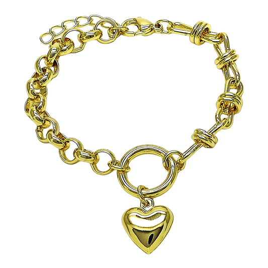 Oro Laminado Charm Bracelet, Gold Filled Style Heart and Rolo Design, Polished, Golden Finish