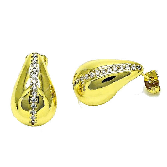 Oro Laminado Stud Earring, Gold Filled Style Teardrop Design, with White Micro Pave, Polished, Golden Finish