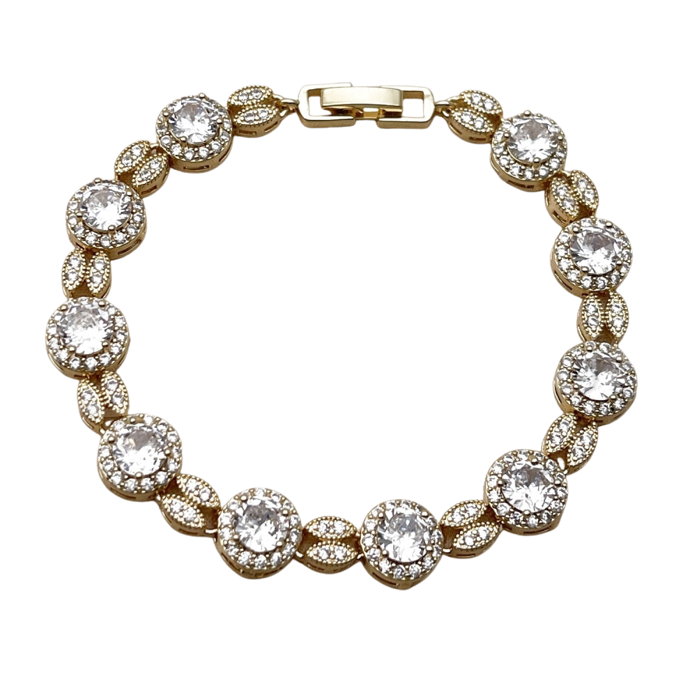 Oro Laminado Tennis Bracelet, Gold Filled Style Cluster Design, with White Cubic Zirconia, Polished, Golden