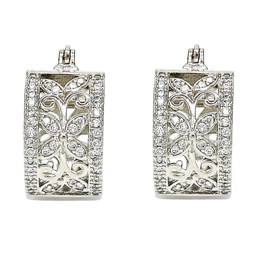 Rhodium Plated Small Hoop, Flower and Leaf Design, with White Cubic Zirconia, Polished, Rhodium Finish