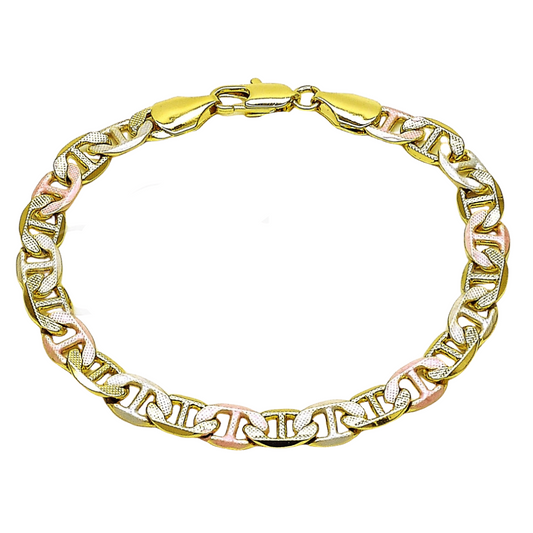 Oro Laminado Basic Bracelet, Gold Filled Style Mariner Design, Diamond Cutting Finish, Tricolor