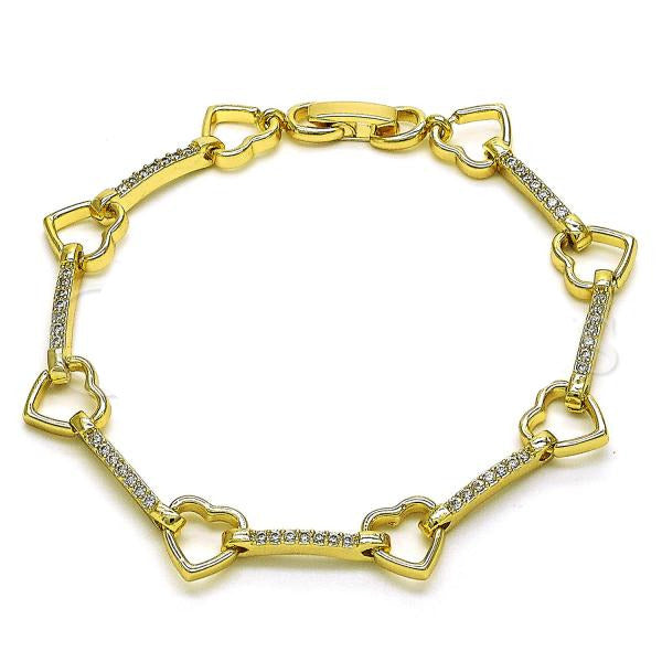 Oro Laminado Fancy Bracelet, Gold Filled Style Heart Design, with White Micro Pave, Polished, Golden Finish