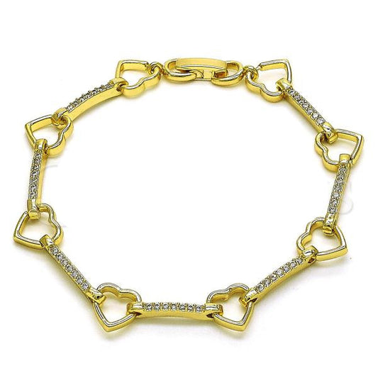 Oro Laminado Fancy Bracelet, Gold Filled Style Heart Design, with White Micro Pave, Polished, Golden Finish