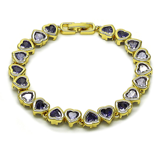 Gold Plated Gold Filled Oro Laminado Oro Laminado Tennis Bracelet, Gold Filled Style Heart Design, with Amethyst Cubic Zirconia, Polished, Golden 