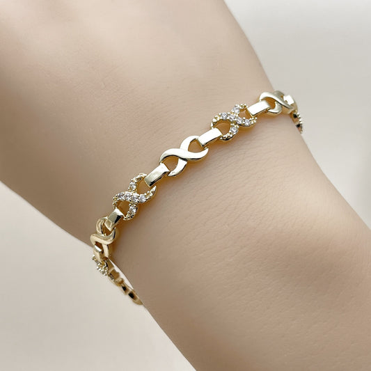 Oro Laminado Fancy Bracelet, Gold Filled Style Infinite Design, with White Cubic Zirconia, Polished, Golden