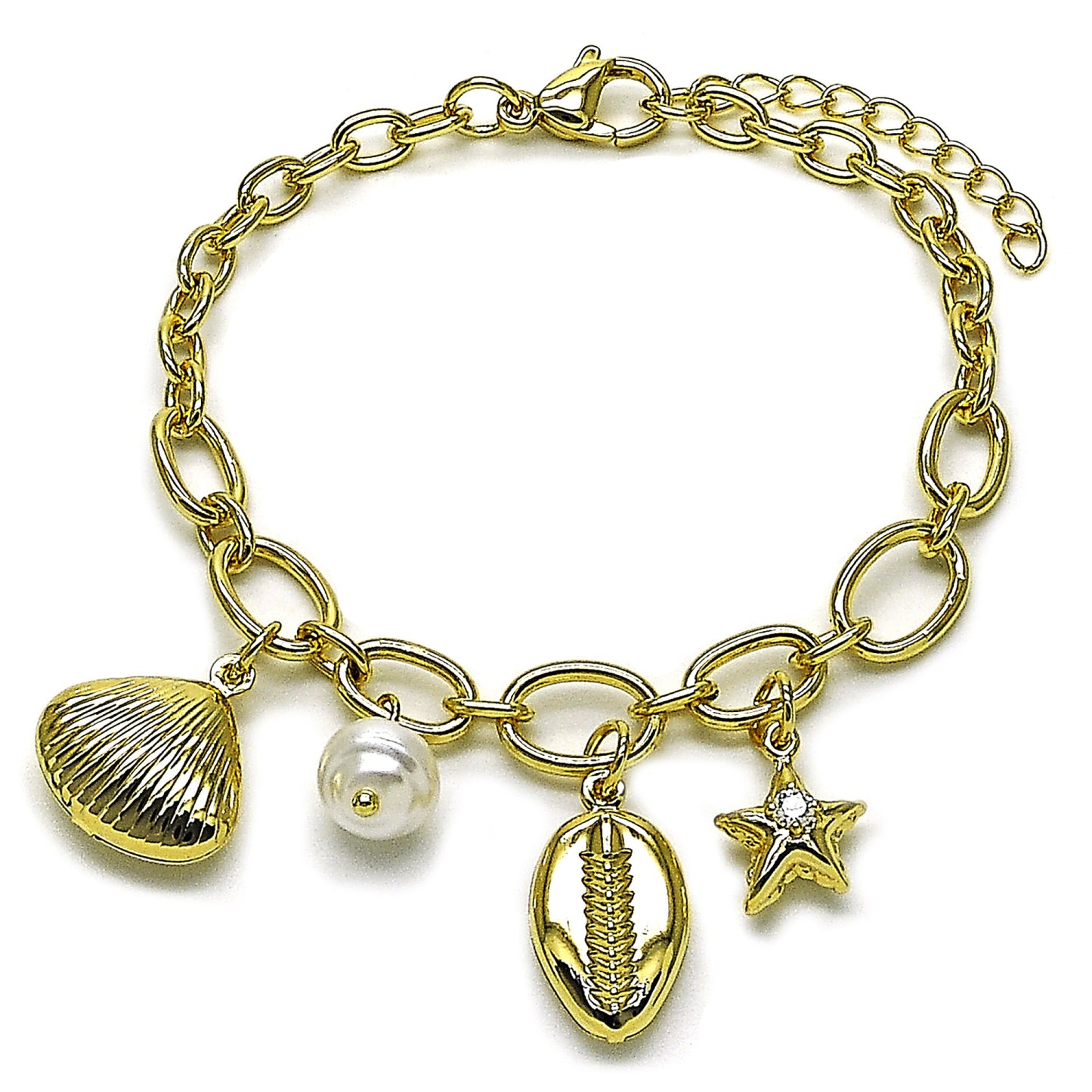 Oro Laminado Charm Bracelet, Gold Filled Style Shell and Star Design, with Ivory Pearl and White Cubic Zirconia, Polished, Golden Finish