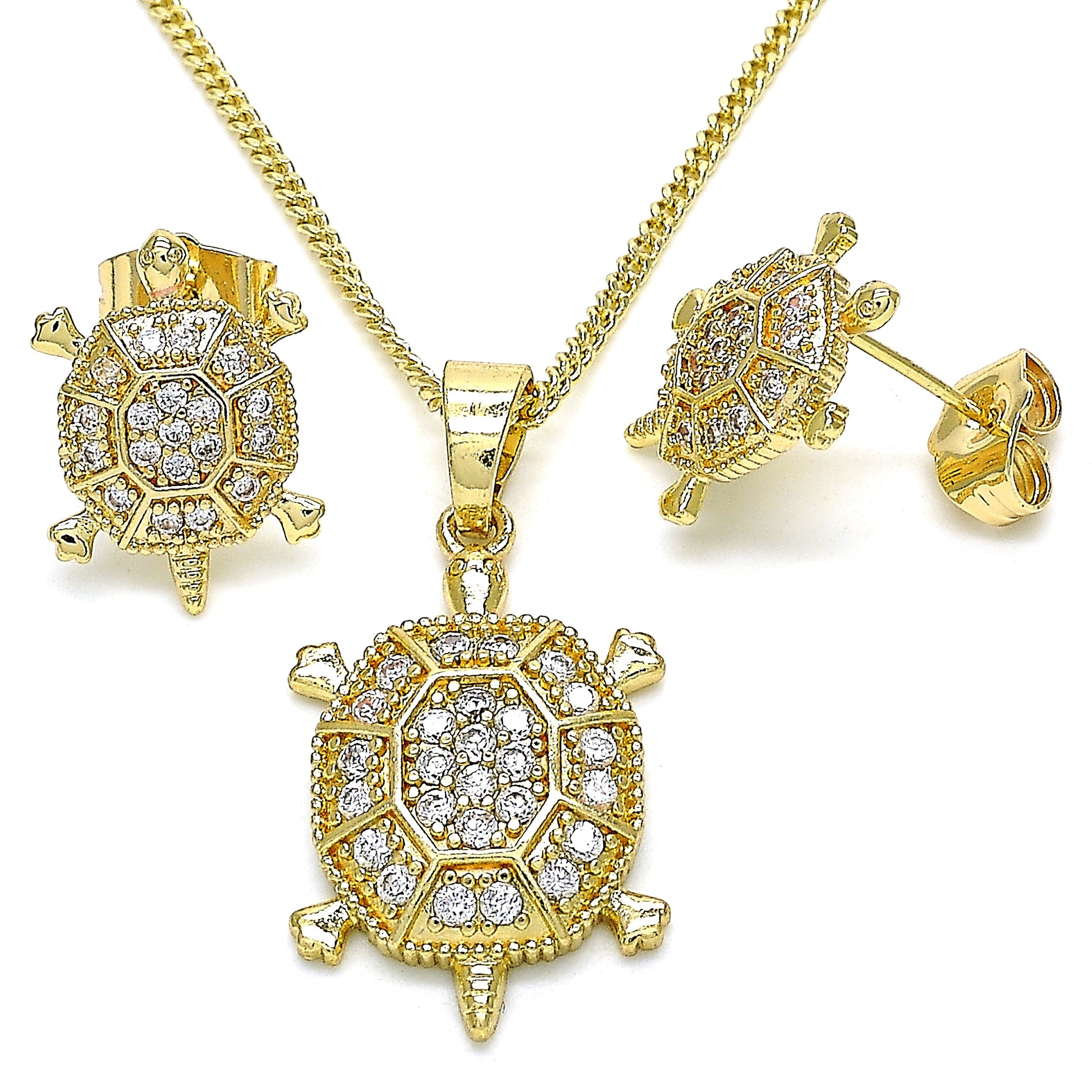 Oro Laminado Earring and Pendant Adult Set, Gold Filled Style Turtle Design, with White Micro Pave, Polished, Golden Finish