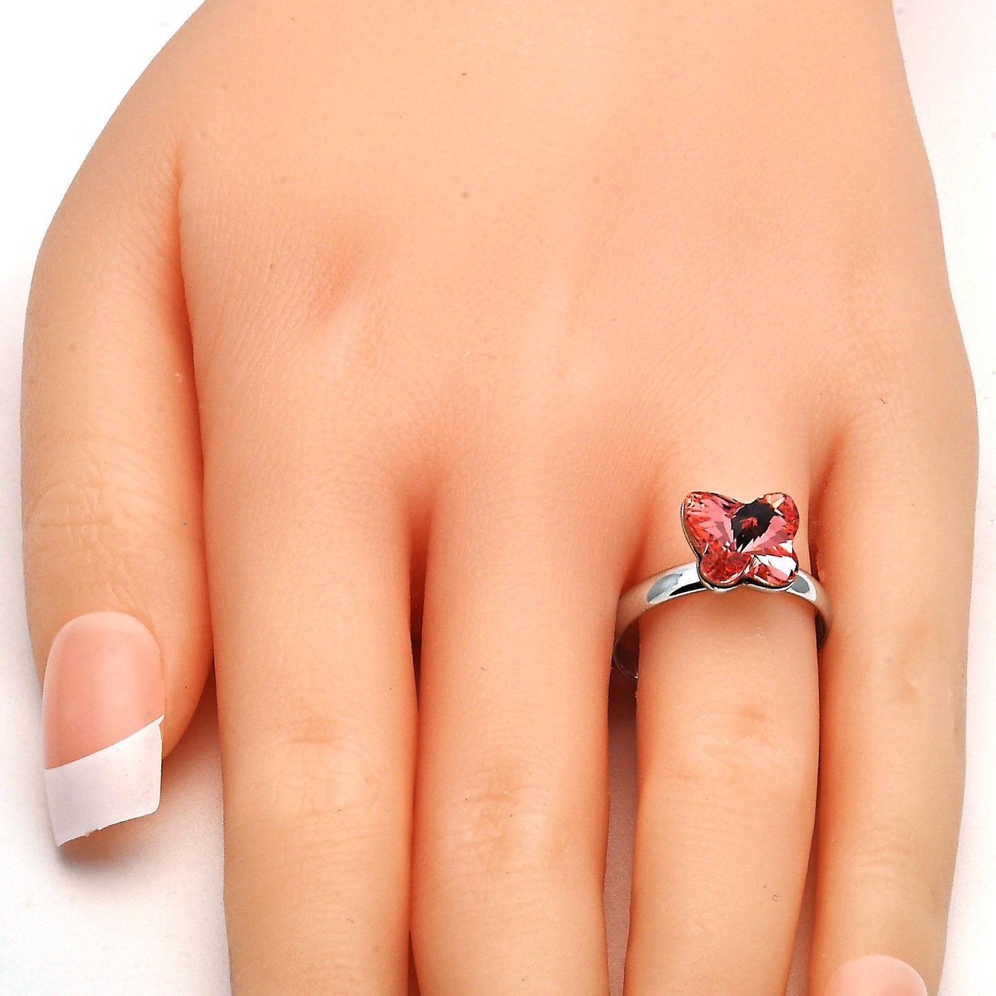 Rhodium Plated Multi Stone Ring, Butterfly Design, with Rose Peach Swarovski Crystals, Polished, Rhodium Finish