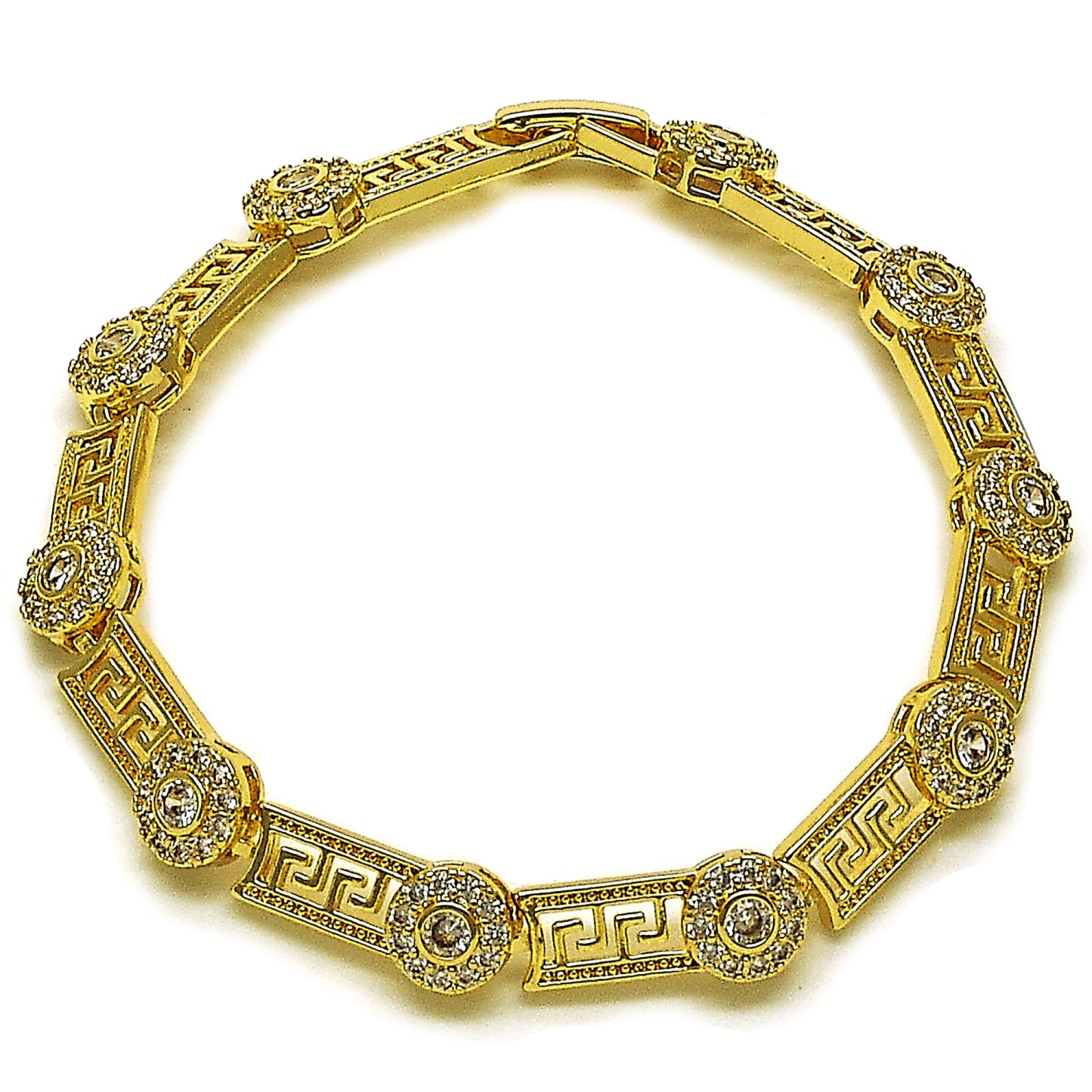 Oro Laminado Fancy Bracelet, Gold Filled Style Greek Key and Cluster Design, with White Cubic Zirconia, Polished, Golden Finish