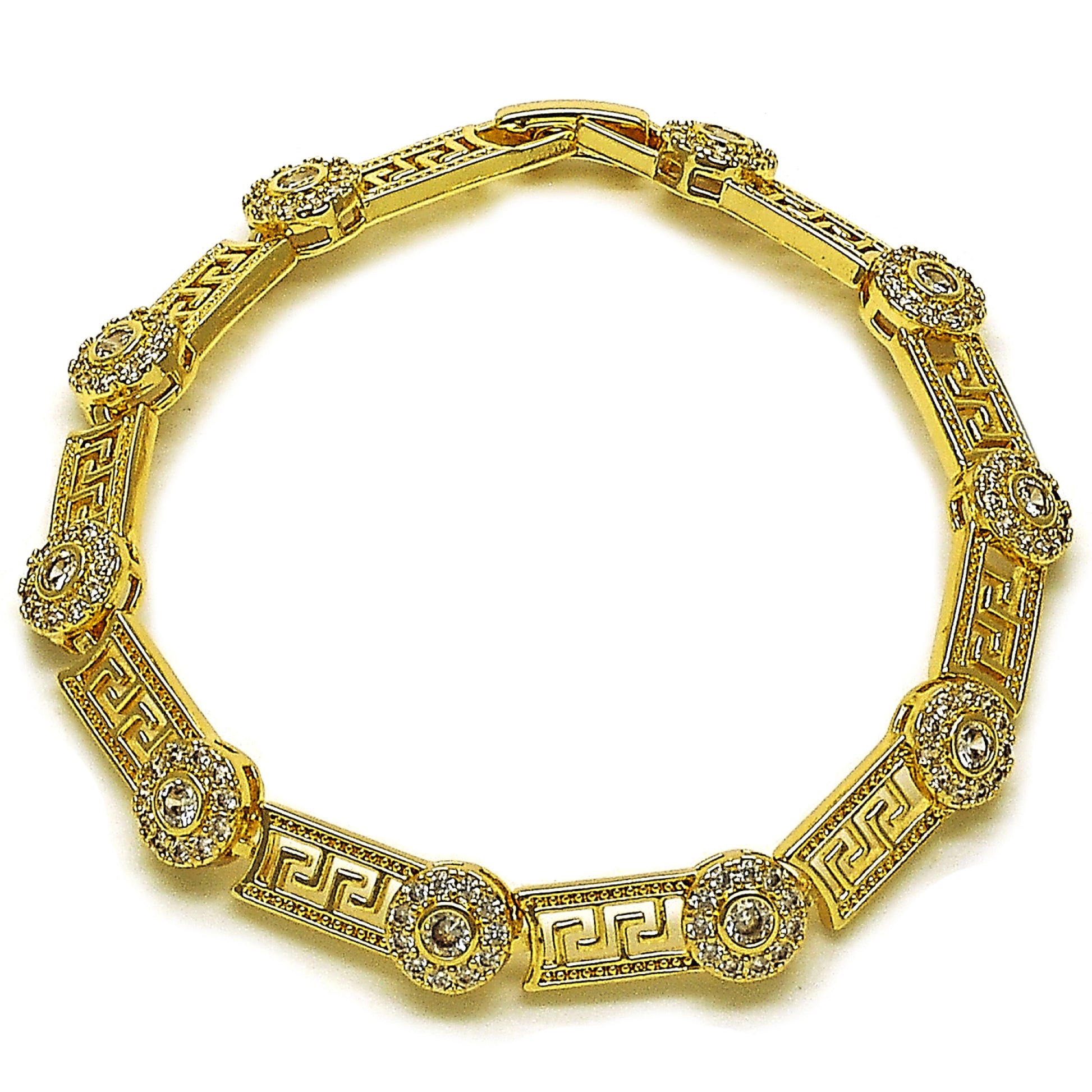 Oro Laminado Fancy Bracelet, Gold Filled Style Greek Key and Cluster Design, with White Cubic Zirconia, Polished, Golden Finish