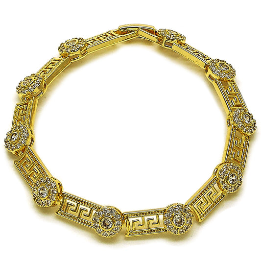 Oro Laminado Fancy Bracelet, Gold Filled Style Greek Key and Cluster Design, with White Cubic Zirconia, Polished, Golden Finish