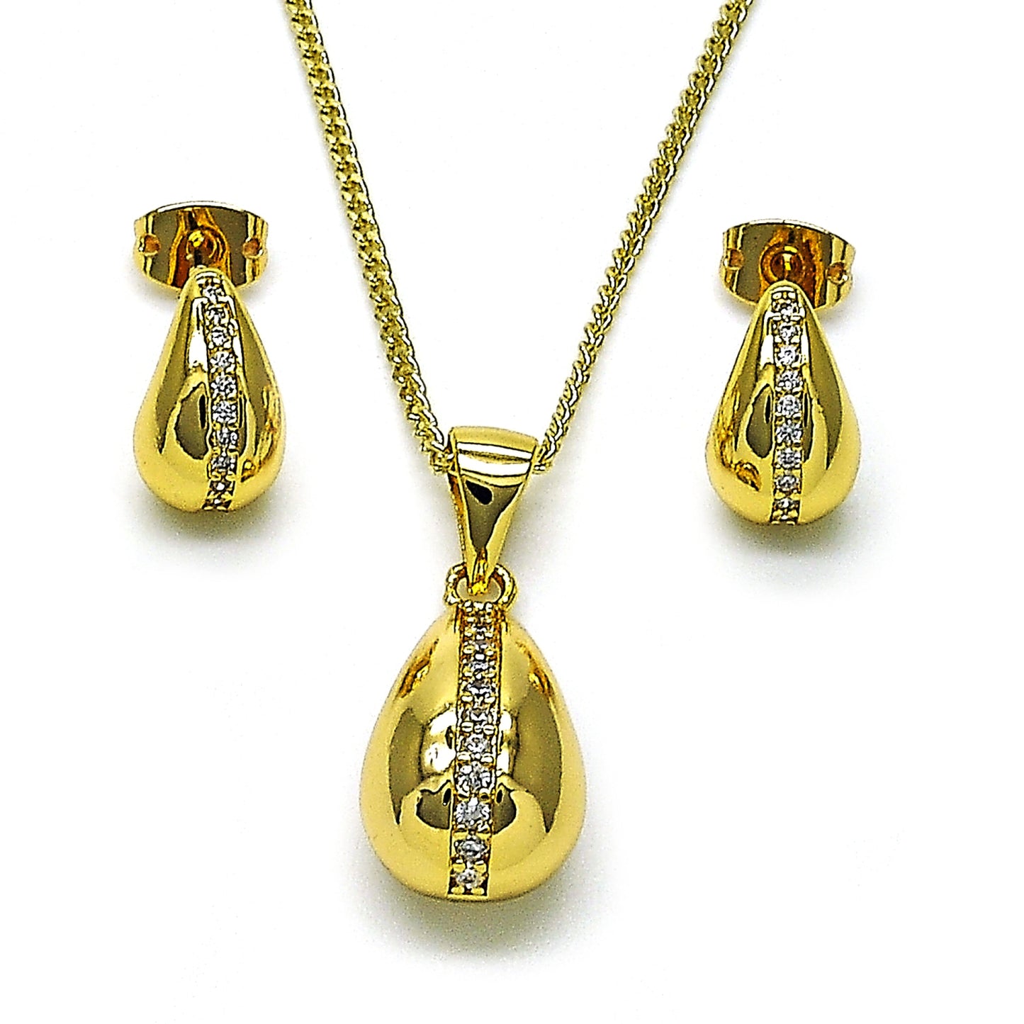 Oro Laminado Earring and Pendant Adult Set, Gold Filled Style Teardrop Design, with White Micro Pave, Polished, Golden Finish