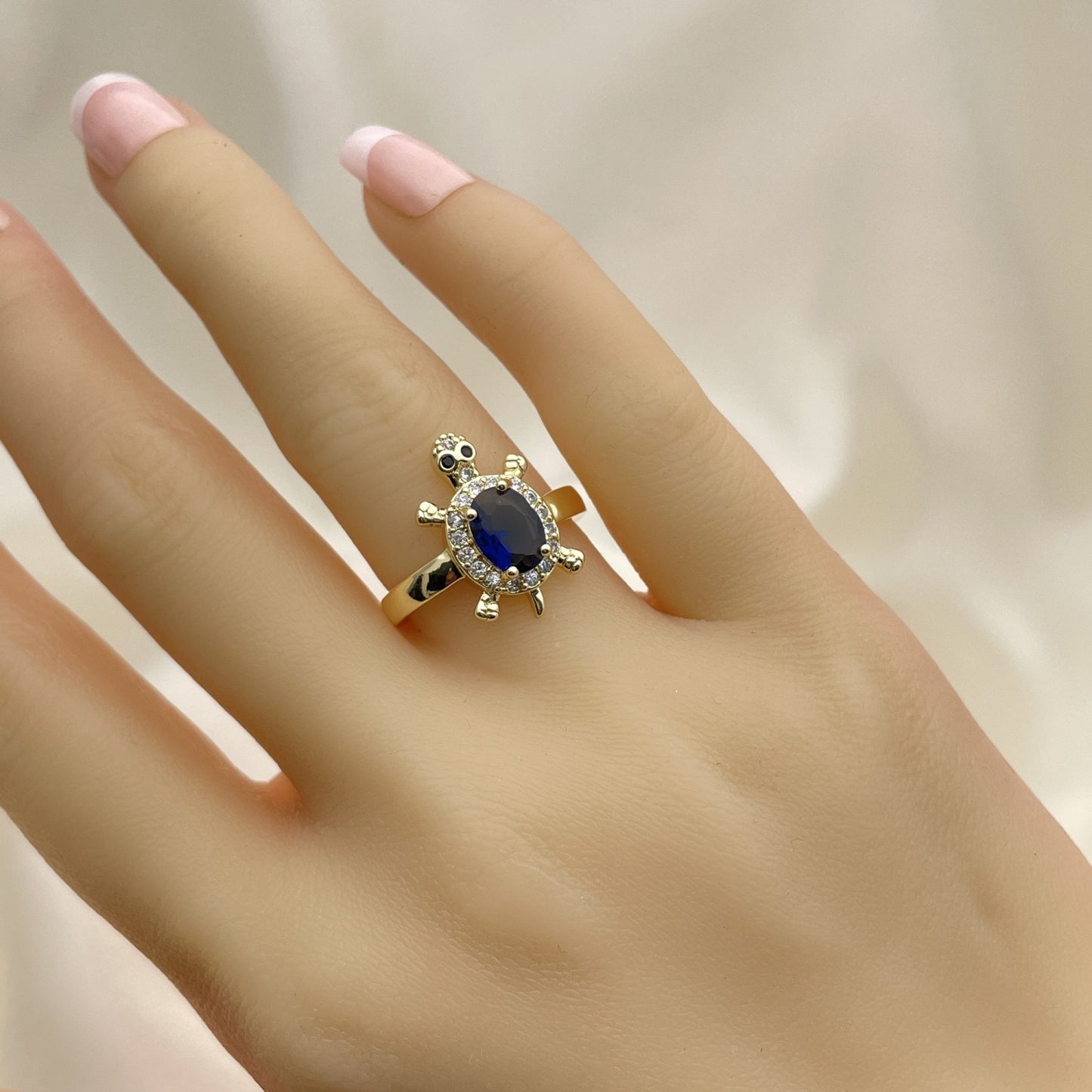 Oro Laminado Multi Stone Ring, Gold Filled Style Turtle Design, with Sapphire Blue Cubic Zirconia and White Micro Pave, Polished, Golden Finish