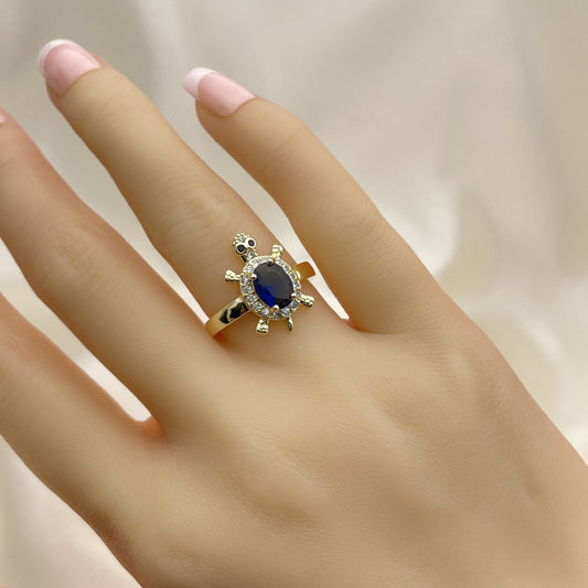 Oro Laminado Multi Stone Ring, Gold Filled Style Turtle Design, with Sapphire Blue Cubic Zirconia and White Micro Pave, Polished, Golden Finish