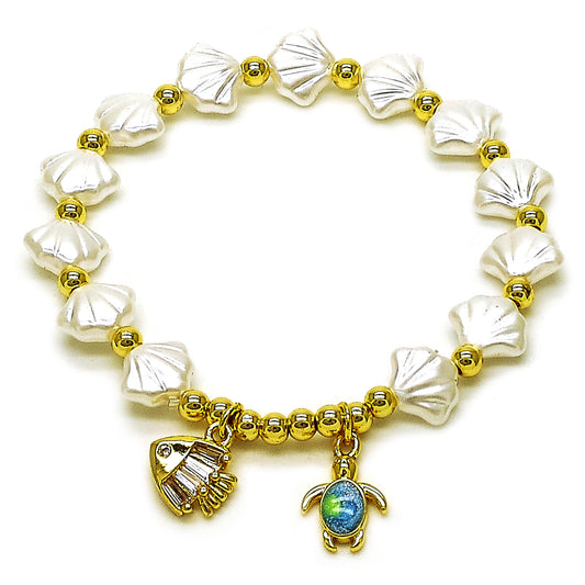 Gold Plated Gold Filled Oro Laminado Oro Laminado Fancy Bracelet, Gold Filled Style Shell and Turtle Design, with Ivory Pearl and White Cubic Zirconia, Polished, Golden 