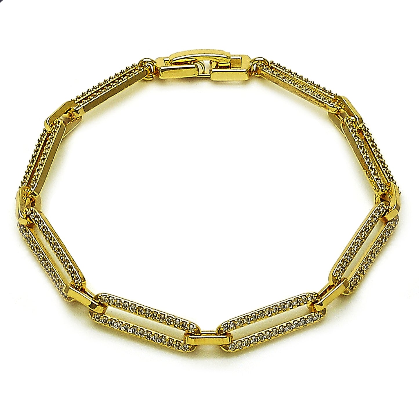 Oro Laminado Tennis Bracelet, Gold Filled Style Paperclip Design, with White Micro Pave, Polished, Golden Finish