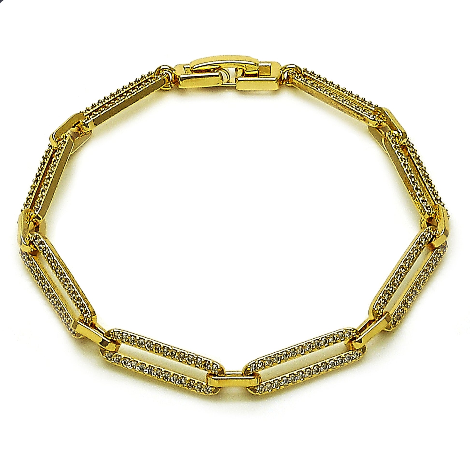 Oro Laminado Tennis Bracelet, Gold Filled Style Paperclip Design, with White Micro Pave, Polished, Golden Finish