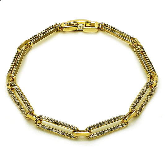 Oro Laminado Tennis Bracelet, Gold Filled Style Paperclip Design, with White Micro Pave, Polished, Golden Finish