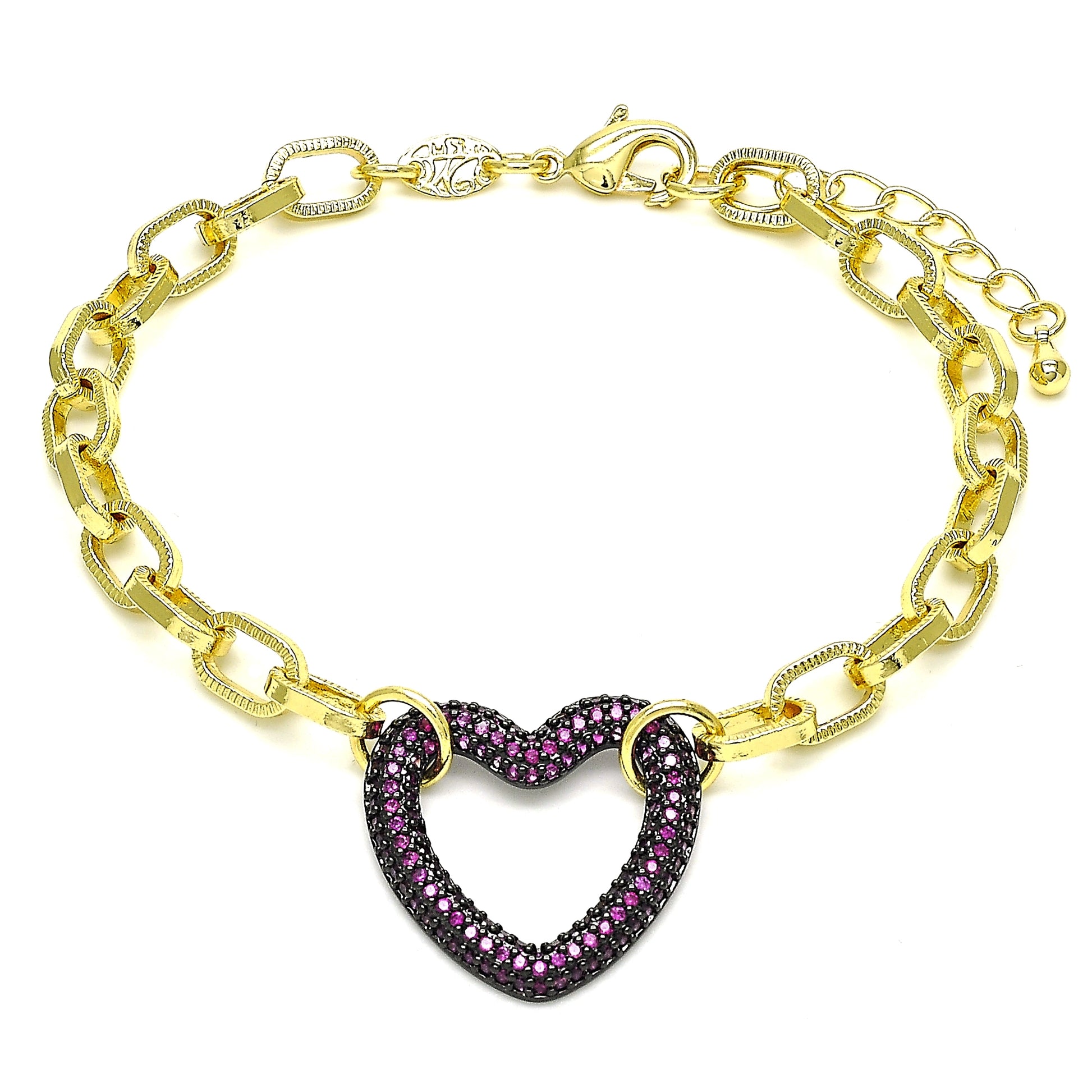 Oro Laminado Fancy Bracelet, Gold Filled Style Paperclip and Heart Design, with Garnet Micro Pave, Polished, Black Rhodium Finish