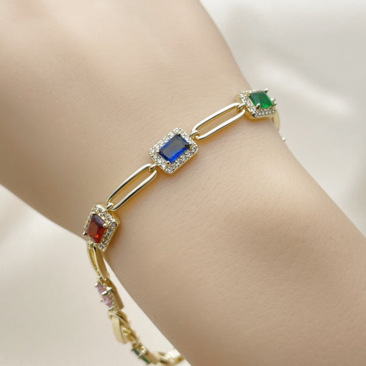 Oro Laminado Tennis Bracelet, Gold Filled Style Cluster Design, with White and Multicolor Cubic Zirconia, Polished, Golden