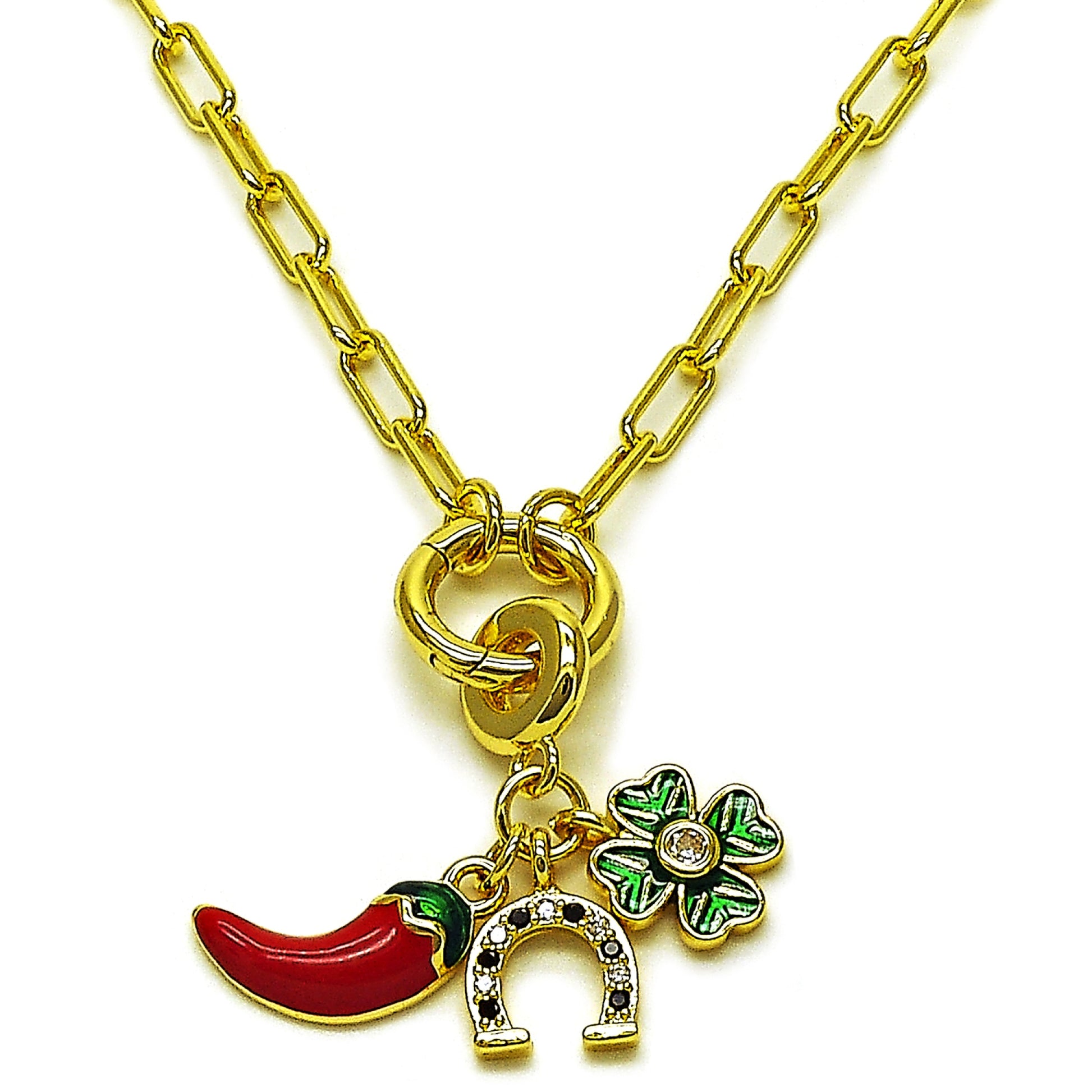 Oro Laminado Fancy Necklace, Gold Filled Style Seahorse and Chili Design, with White and Black Cubic Zirconia, Red Enamel Finish