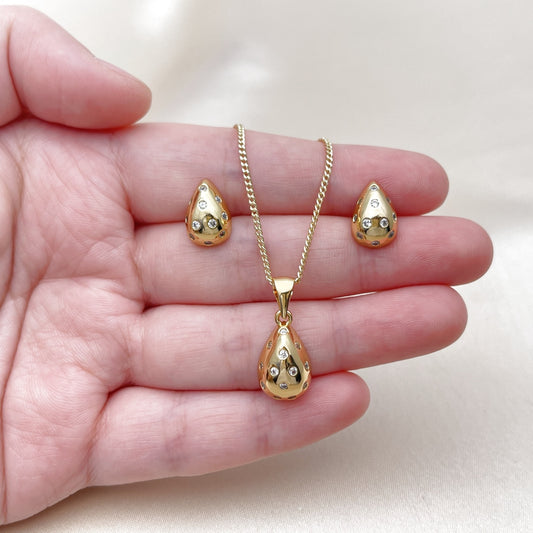 Oro Laminado Earring and Pendant Adult Set, Gold Filled Style Teardrop Design, with White Cubic Zirconia, Polished, Golden