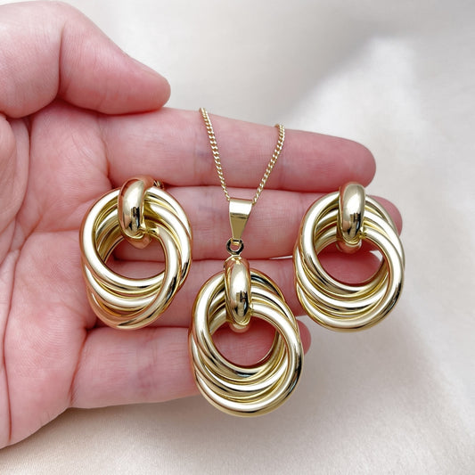 Oro Laminado Earring and Pendant Adult Set, Gold Filled Style Love Knot and Hollow Design, Polished, Golden Finish