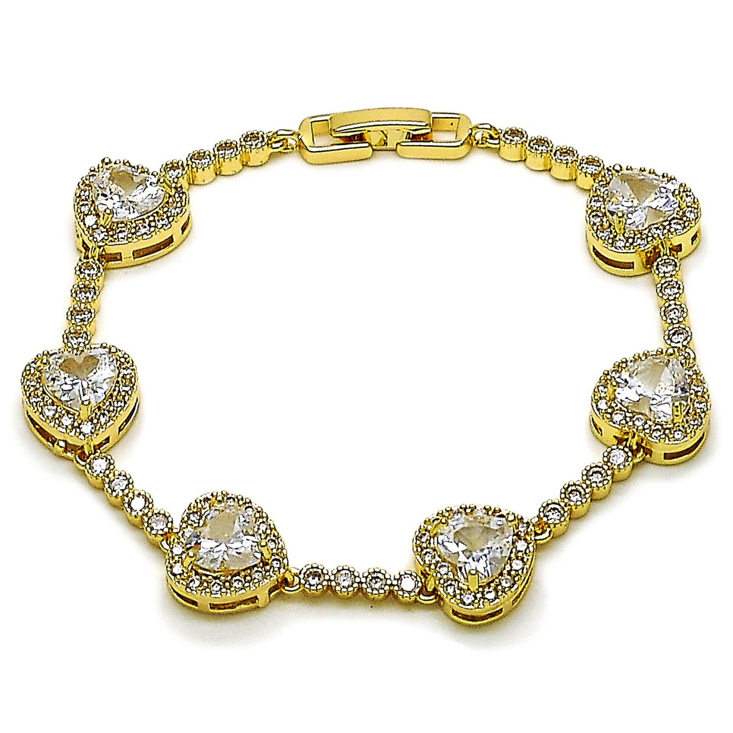 Gold Plated Gold Filled Oro Laminado Oro Laminado Tennis Bracelet, Gold Filled Style Heart and Cluster Design, with White Cubic Zirconia, Polished, Golden 