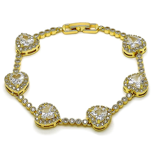 Gold Plated Gold Filled Oro Laminado Oro Laminado Tennis Bracelet, Gold Filled Style Heart and Cluster Design, with White Cubic Zirconia, Polished, Golden 