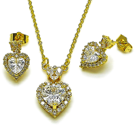 Gold Plated Gold Filled Oro Laminado Oro Laminado Earring and Pendant Adult Set, Gold Filled Style Heart and Cluster Design, with White Cubic Zirconia, Polished, Golden 