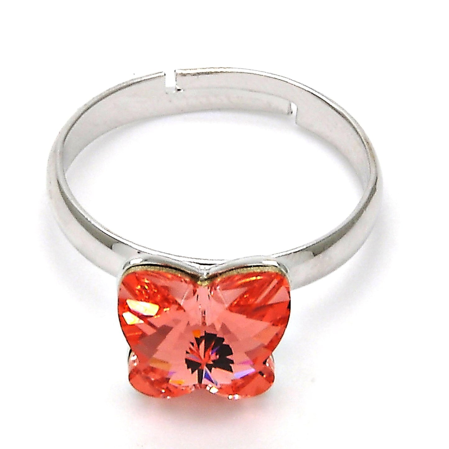 Rhodium Plated Multi Stone Ring, Butterfly Design, with Rose Peach Swarovski Crystals, Polished, Rhodium Finish