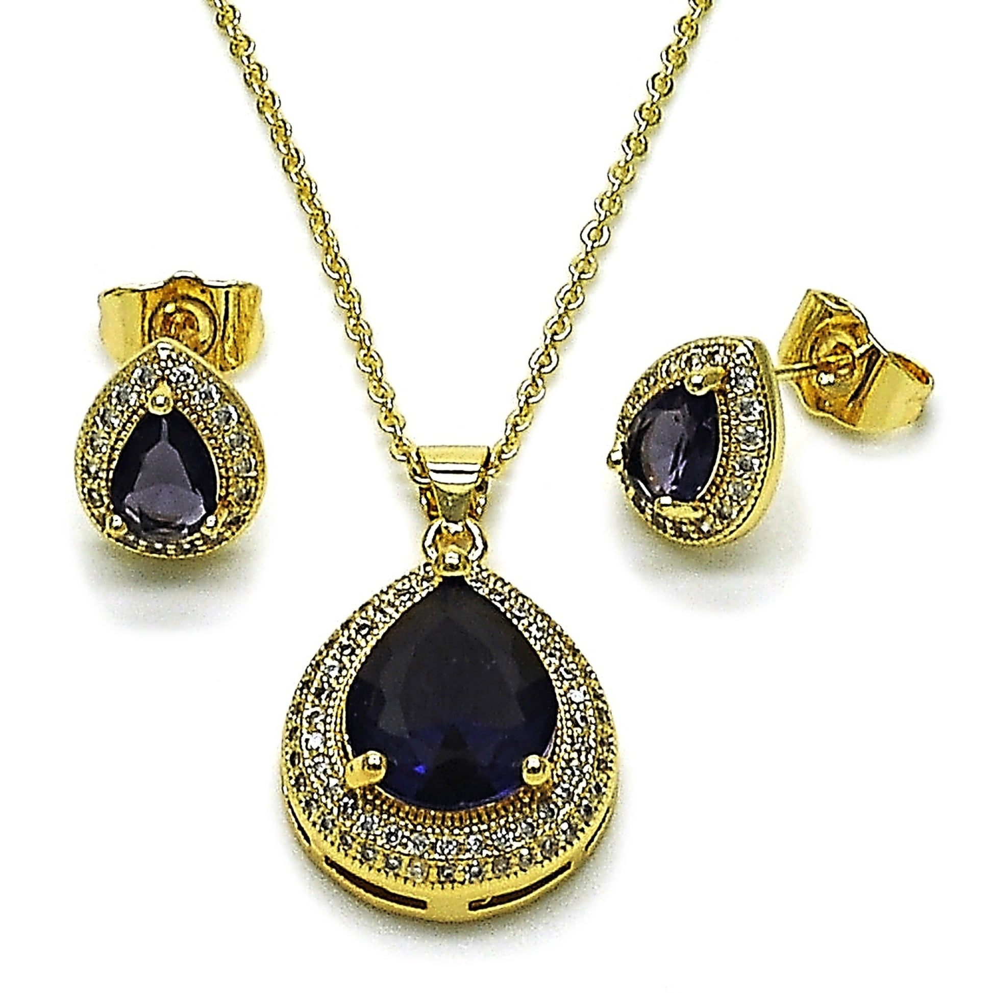 Gold Plated Gold Filled Oro Laminado Oro Laminado Earring and Pendant Adult Set, Gold Filled Style Teardrop and Cluster Design, with Amethyst Cubic Zirconia and White Micro Pave, Polished, Golden 