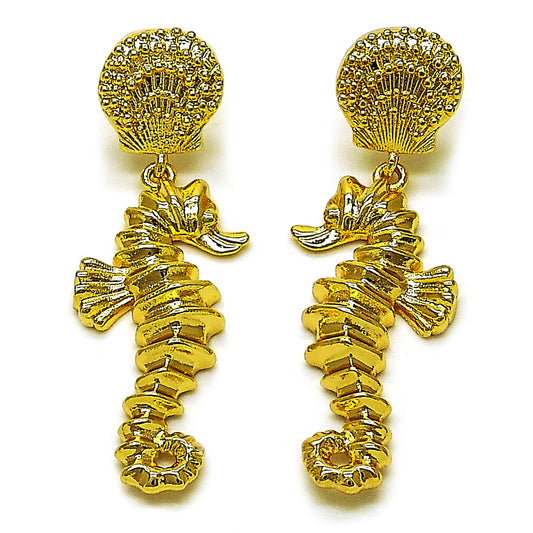 Oro Laminado Dangle Earring, Gold Filled Style Horse and Shell Design, Polished, Golden Finish