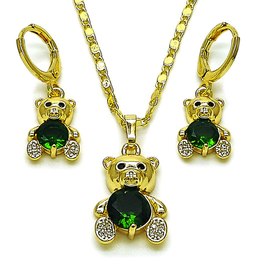 Gold Plated Gold Filled Oro Laminado Oro Laminado Earring and Pendant Adult Set, Gold Filled Style Teddy Bear Design, with Green and White Cubic Zirconia, Polished, Golden 