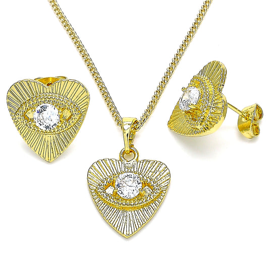 Gold Plated Gold Filled Oro Laminado Oro Laminado Earring and Pendant Adult Set, Gold Filled Style Evil Eye and Heart Design, with White Cubic Zirconia, Polished, Golden 