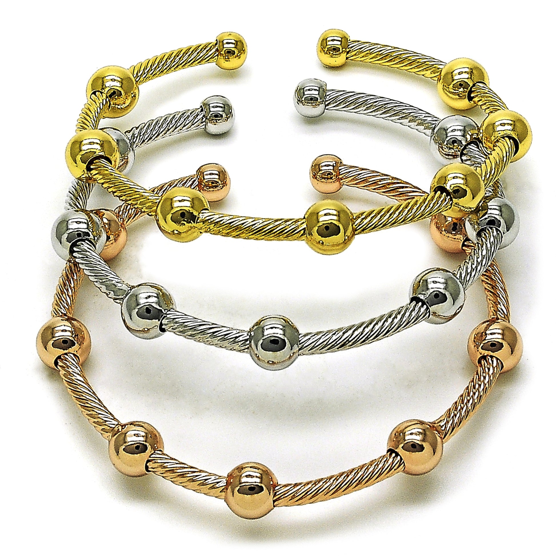 Oro Laminado Trio Bangle, Gold Filled Style and Ball Polished, Tricolor, 07.282.0023