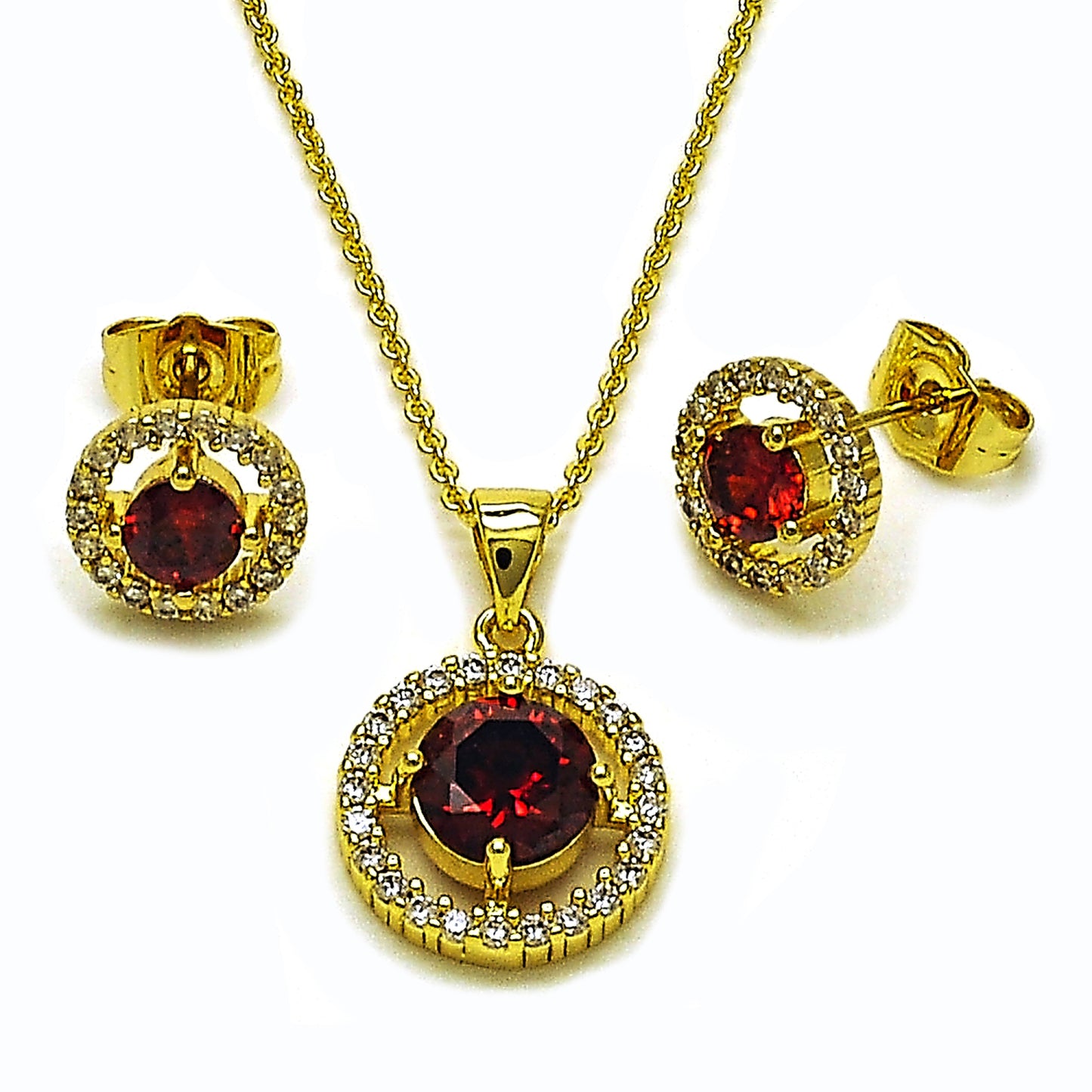 Oro Laminado Earring and Pendant Adult Set, Gold Filled Style Cluster Design, with Garnet and White Cubic Zirconia, Polished, Golden Finish