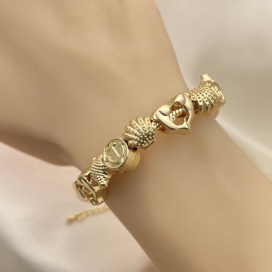 Oro Laminado Fancy Bracelet, Gold Filled Style Dolphin and Shell Design, Polished, Golden Finish