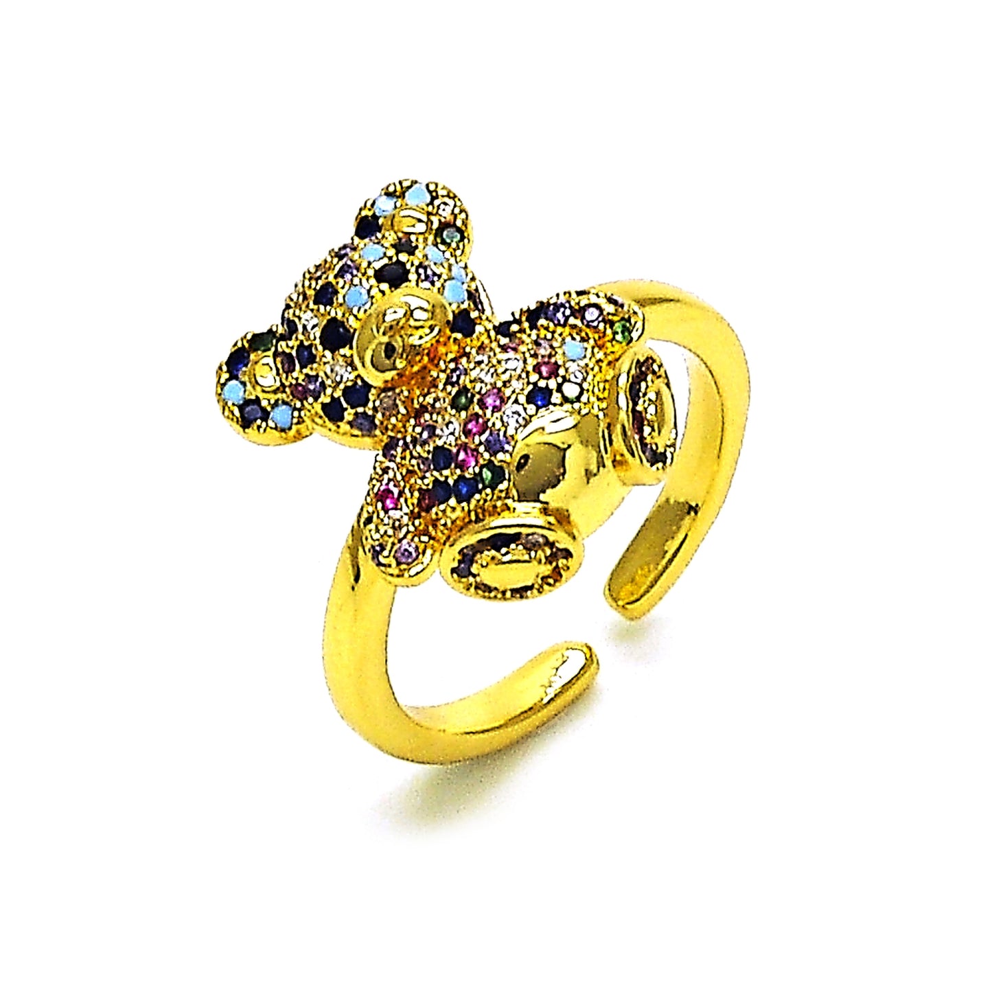 Oro Laminado Multi Stone Ring, Gold Filled Style Teddy Bear Design, with Multicolor Micro Pave, Polished, Golden Finish