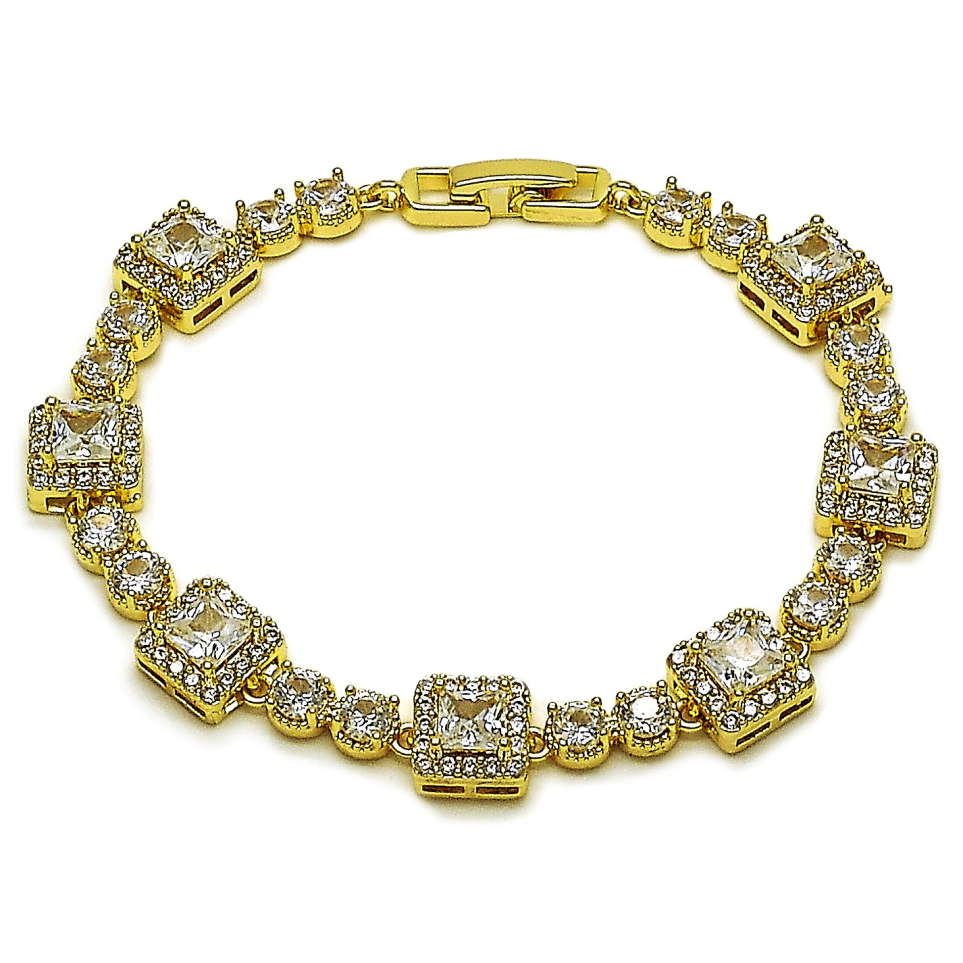 Oro Laminado Tennis Bracelet, Gold Filled Style Cluster Design, with White Cubic Zirconia, Polished, Golden Finish