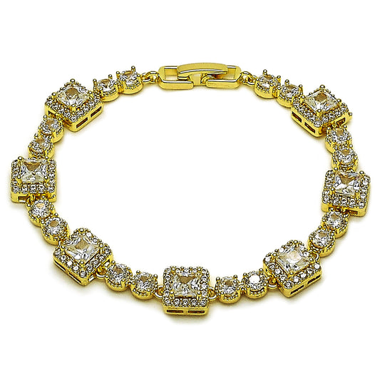 Oro Laminado Tennis Bracelet, Gold Filled Style Cluster Design, with White Cubic Zirconia, Polished, Golden Finish