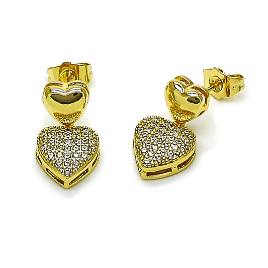 Gold Plated Gold Filled Oro Laminado Oro Laminado Dangle Earring, Gold Filled Style Heart Design, with White Cubic Zirconia, Polished, Golden 