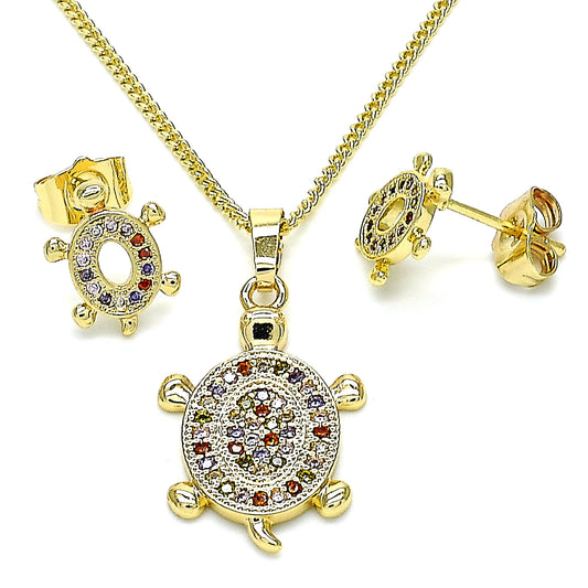 Oro Laminado Earring and Pendant Adult Set, Gold Filled Style Turtle Design, with Multicolor Micro Pave, Polished, Golden Finish