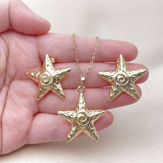 Oro Laminado Earring and Pendant Adult Set, Gold Filled Style Star Design, Polished, Golden Finish