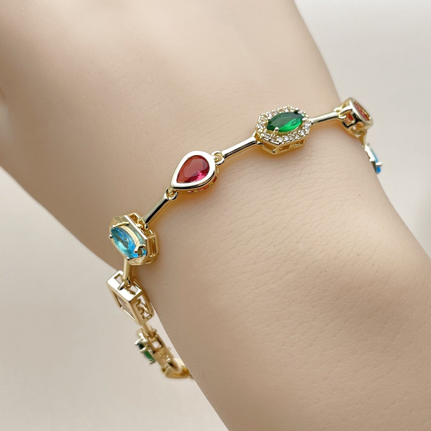 Oro Laminado Tennis Bracelet, Gold Filled Style Teardrop and Cluster Design, with Multicolor and White Cubic Zirconia, Polished, Golden