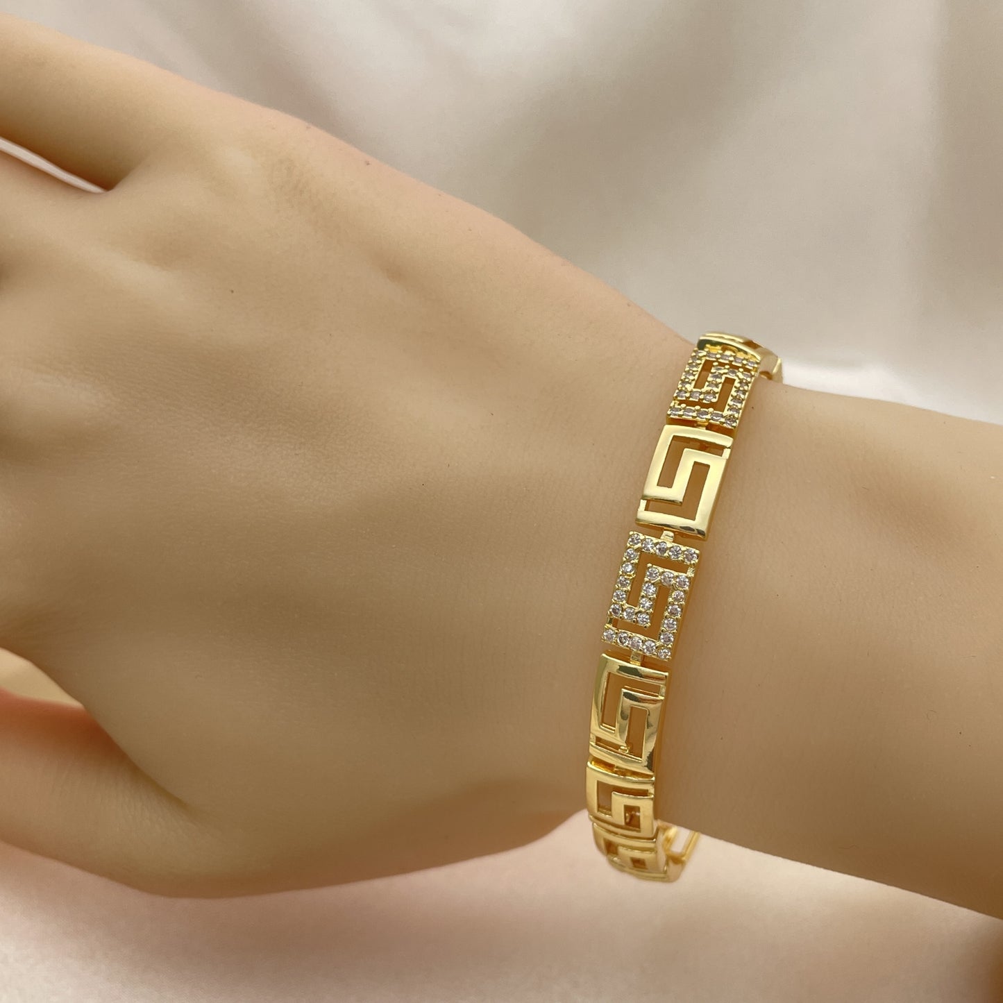Oro Laminado Fancy Bracelet, Gold Filled Style Greek Key Design, with White Micro Pave, Polished, Golden Finish